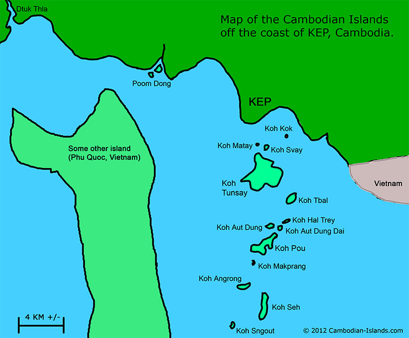 Kep's Islands.  Kep Island Map.  Cambodian-Islands.com  Rabbit Island, Koh Tunsay.