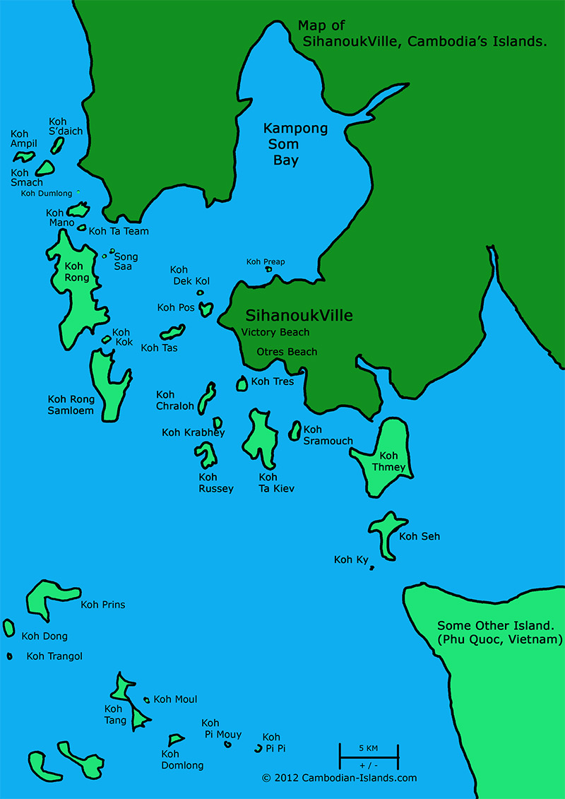 SihanoukVille, Cambodia Island Map.  Map of the Islands around Sihanoukville, Cambodia.